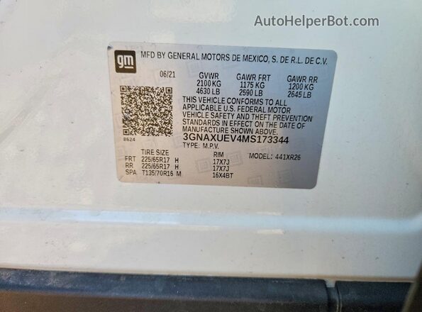 3GNAXUEV4MS173344 2021 CHEVROLET EQUINOX White VIN sticker view