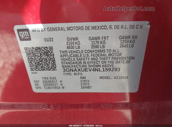 3GNAXUEV4NL159293 2022 CHEVROLET EQUINOX Red Engine compartment view