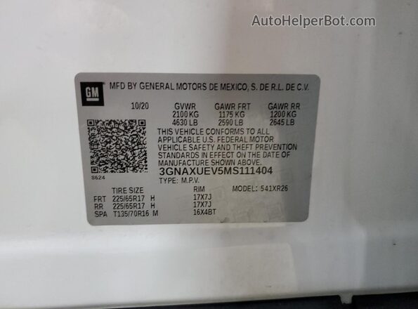 3GNAXUEV5MS111404 2021 CHEVROLET EQUINOX White Панорамний вид салону 360°