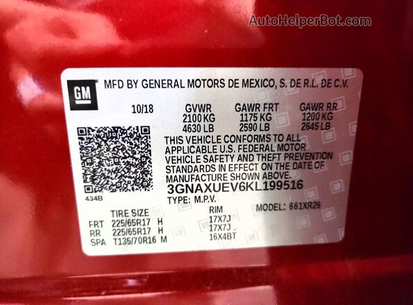 3GNAXUEV6KL199516 2019 CHEVROLET EQUINOX Burgundy Widok naklejki z numerem VIN