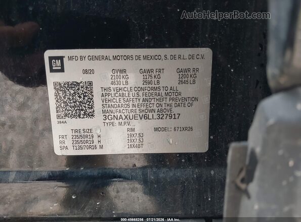 3GNAXUEV6LL327917 2020 CHEVROLET EQUINOX Black Vista del compartimento del motor