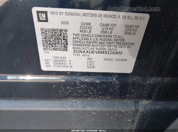 3GNAXUEV6MS116403 2021 CHEVROLET EQUINOX Black Widok komory silnika
