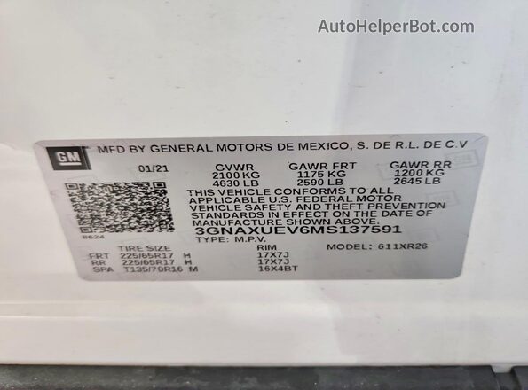 3GNAXUEV6MS137591 2021 CHEVROLET EQUINOX Белый Вид наклейки с VIN-кодом