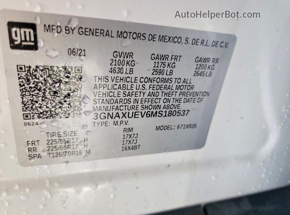 3GNAXUEV6MS180537 2021 CHEVROLET EQUINOX White VIN sticker view