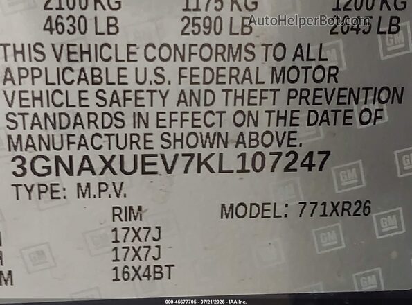 3GNAXUEV7KL107247 2019 CHEVROLET EQUINOX Blue Widok komory silnika