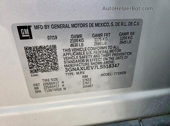 3GNAXUEV7LS518347 2020 CHEVROLET EQUINOX Silver Vista interior de 360 grados
