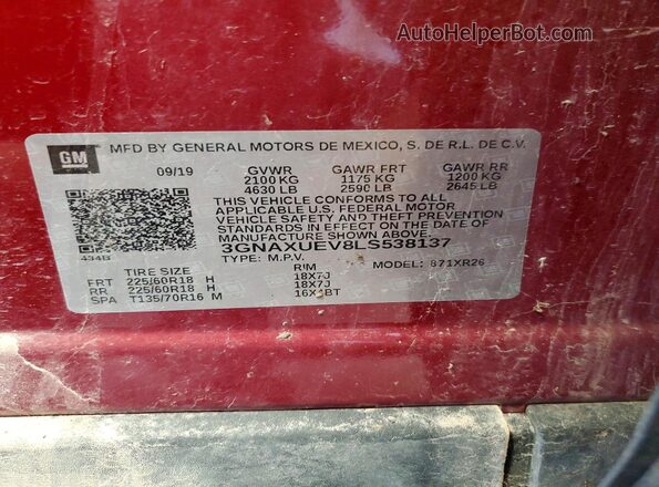 3GNAXUEV8LS538137 2020 CHEVROLET EQUINOX Red Вид наклейки з VIN-кодом