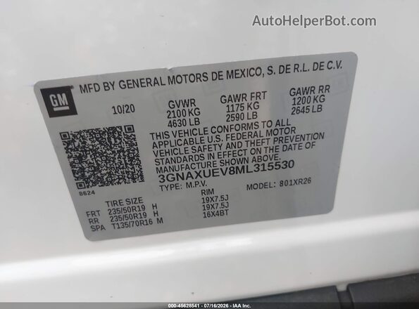 3GNAXUEV8ML315530 2021 CHEVROLET EQUINOX White Widok komory silnika