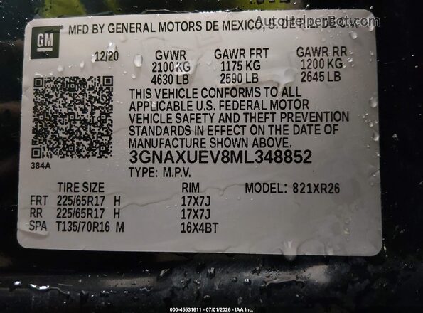3GNAXUEV8ML348852 2021 CHEVROLET EQUINOX Black Շարժիչի բաժամունքի տեսք