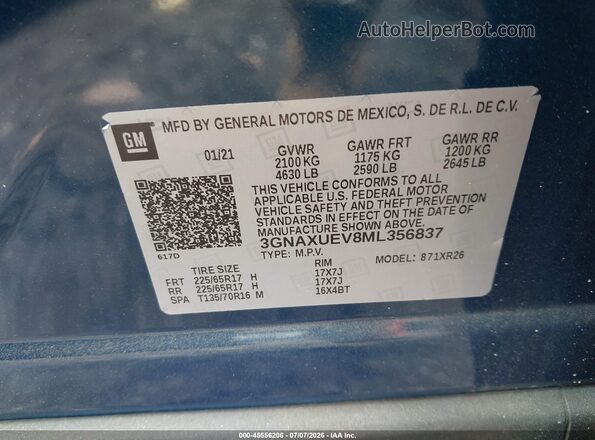 3GNAXUEV8ML356837 2021 CHEVROLET EQUINOX Blue Vista del compartimento del motor
