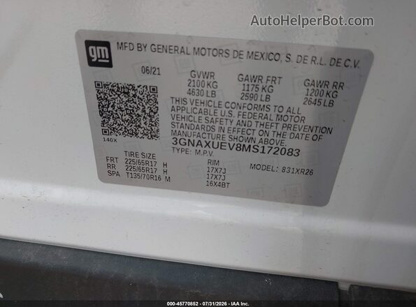 3GNAXUEV8MS172083 2021 CHEVROLET EQUINOX White Widok komory silnika