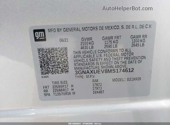 3GNAXUEV8MS174612 2021 CHEVROLET EQUINOX Silver Вид підкапотного простору