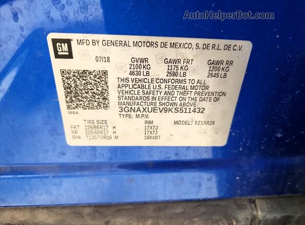 3GNAXUEV9KS511432 2019 CHEVROLET EQUINOX Blue VIN կոդի պիտակի տեսք