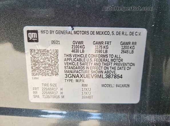 3GNAXUEV9ML387854 2021 CHEVROLET EQUINOX Gray VIN sticker view