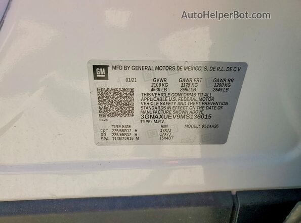 3GNAXUEV9MS136015 2021 CHEVROLET EQUINOX White Vista interior de 360 grados