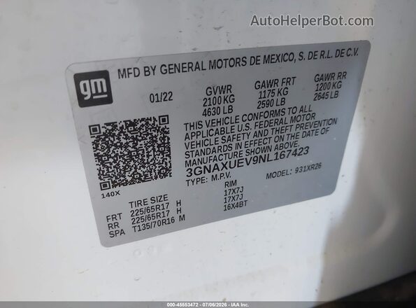 3GNAXUEV9NL167423 2022 CHEVROLET EQUINOX White Vista del compartimento del motor