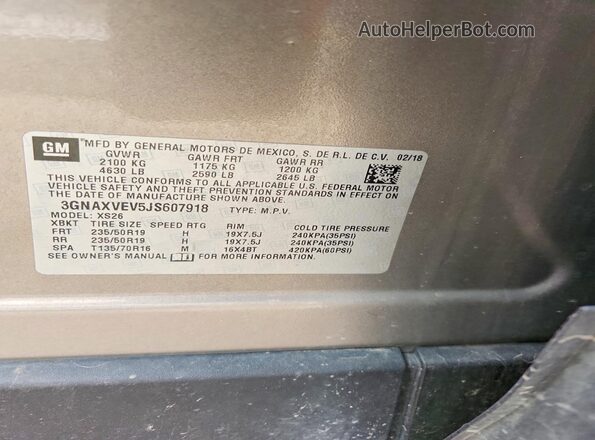3GNAXVEV5JS607918 2018 CHEVROLET EQUINOX Желто-коричневый Вид наклейки с VIN-кодом