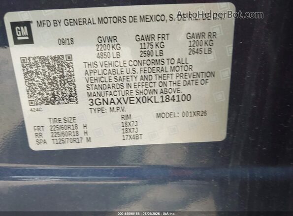 3GNAXVEX0KL184100 2019 CHEVROLET EQUINOX Blue Շարժիչի բաժամունքի տեսք
