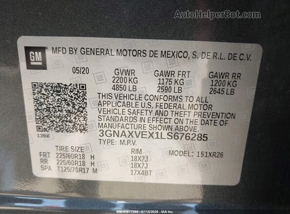 3GNAXVEX1LS676285 2020 CHEVROLET EQUINOX Black Շարժիչի բաժամունքի տեսք