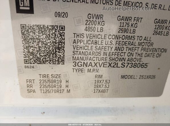 3GNAXVEX2LS738065 2020 CHEVROLET EQUINOX White Vista del compartimento del motor