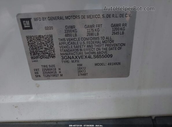3GNAXVEX4LS655009 2020 CHEVROLET EQUINOX White Engine compartment view