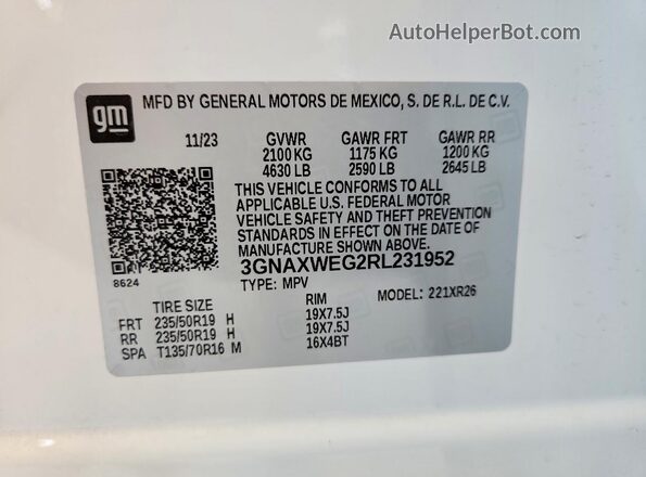 3GNAXWEG2RL231952 2024 CHEVROLET EQUINOX White Вид наклейки з VIN-кодом