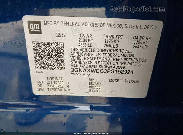 3GNAXWEG3PS152924 2023 CHEVROLET EQUINOX Синий Вид подкапотного пространства