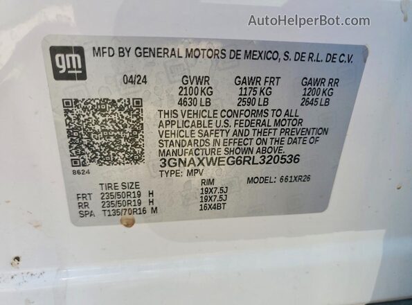 3GNAXWEG6RL320536 2024 CHEVROLET EQUINOX Белый Вид наклейки с VIN-кодом