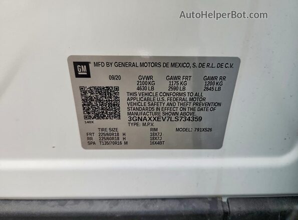3GNAXXEV7LS734359 2020 CHEVROLET EQUINOX White Widok komory silnika