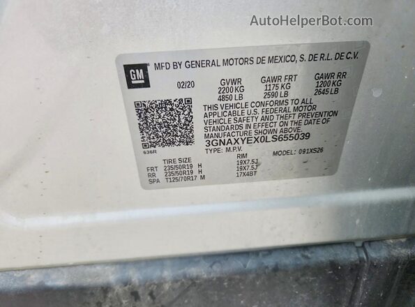 3GNAXYEX0LS655039 2020 CHEVROLET EQUINOX Silver Вид наклейки з VIN-кодом