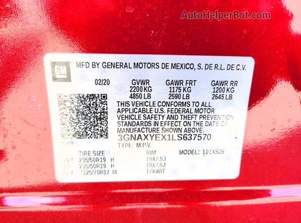 3GNAXYEX1LS637570 2020 CHEVROLET EQUINOX Red Вид наклейки з VIN-кодом