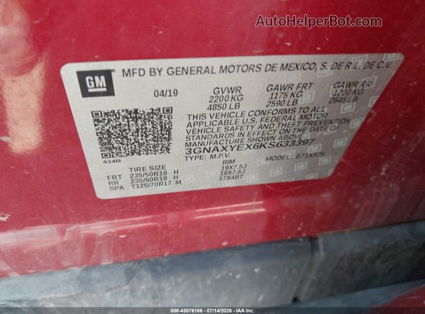 3GNAXYEX6KS633397 2019 CHEVROLET EQUINOX Red Շարժիչի բաժամունքի տեսք