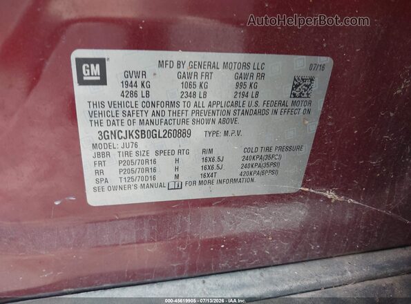 3GNCJKSB0GL260889 2016 CHEVROLET TRAX Red Vista del compartimento del motor
