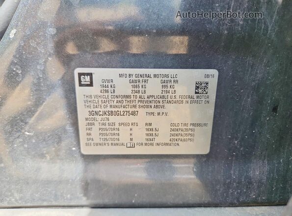 3GNCJKSB0GL275487 2016 CHEVROLET TRAX Gray VIN sticker view