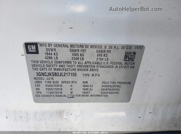 3GNCJKSB2JL217193 2018 CHEVROLET TRAX Белый Вид подкапотного пространства