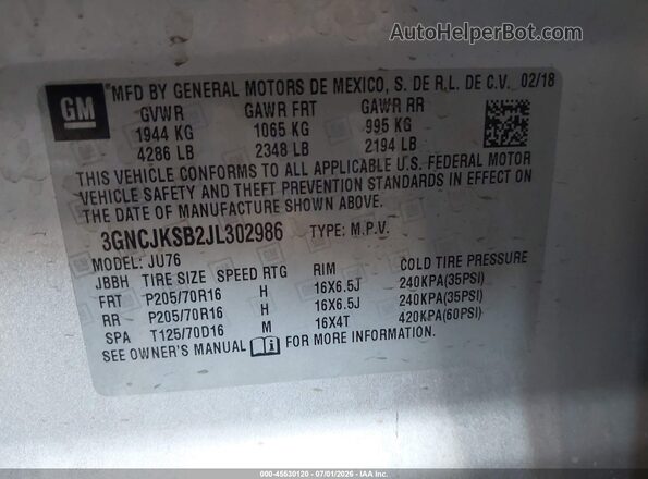 3GNCJKSB2JL302986 2018 CHEVROLET TRAX Серебряный Вид подкапотного пространства