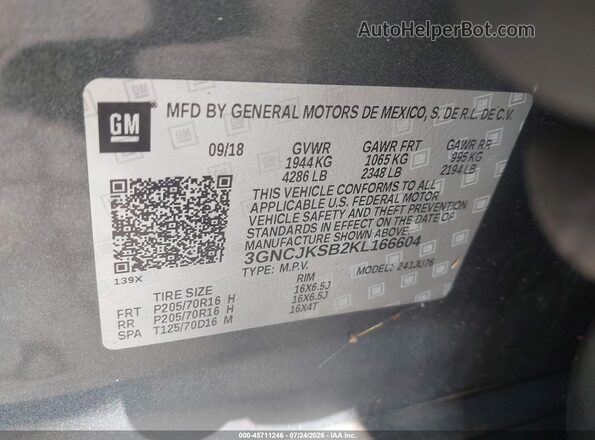 3GNCJKSB2KL166604 2019 CHEVROLET TRAX Gray Vista del compartimento del motor