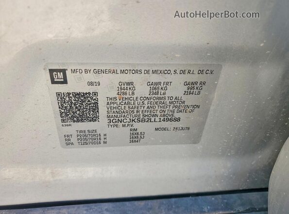 3GNCJKSB2LL149688 2020 CHEVROLET TRAX Серый Вид подкапотного пространства