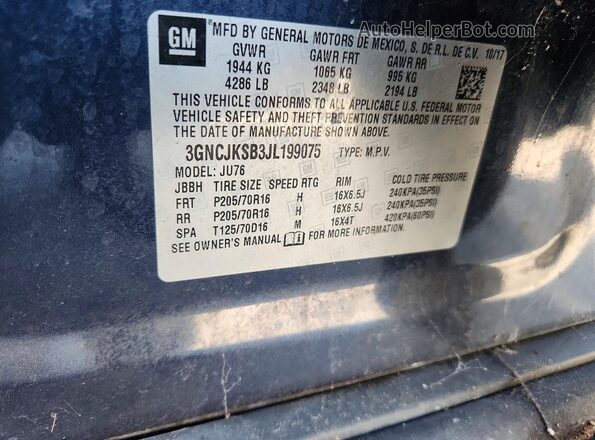 3GNCJKSB3JL199075 2018 CHEVROLET TRAX Blue VIN կոդի պիտակի տեսք