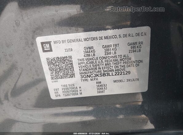 3GNCJKSB3LL222129 2020 CHEVROLET TRAX Gray Widok komory silnika