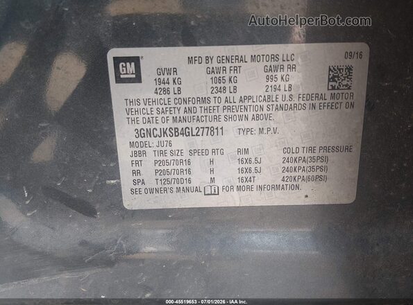 3GNCJKSB4GL277811 2016 CHEVROLET TRAX Gray Вид підкапотного простору