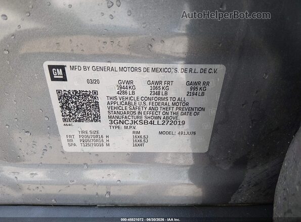 3GNCJKSB4LL272019 2020 CHEVROLET TRAX Gray ძრავის განყოფილების ხედი