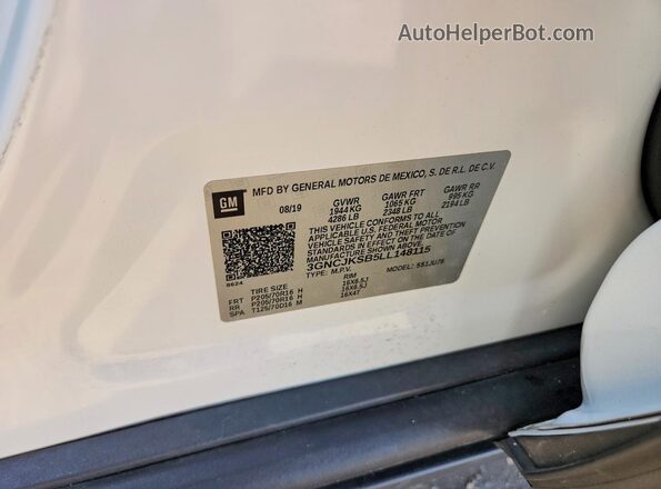 3GNCJKSB5LL148115 2020 CHEVROLET TRAX White Widok naklejki z numerem VIN
