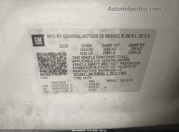 3GNCJKSB5LL202190 2020 CHEVROLET TRAX Серебряный Вид подкапотного пространства