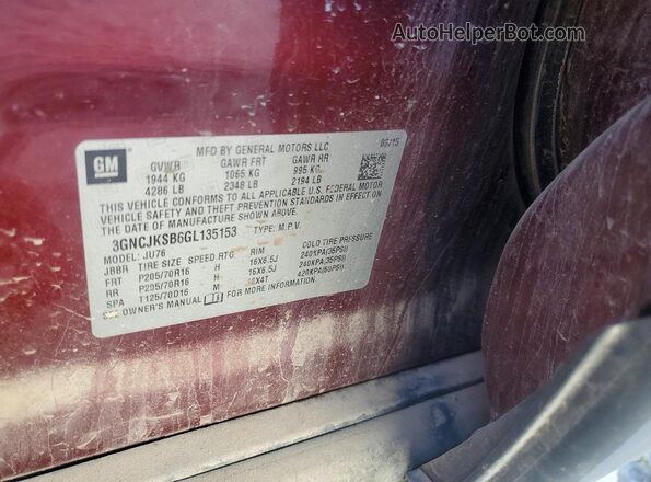3GNCJKSB6GL135153 2016 CHEVROLET TRAX Burgundy Vista de la etiqueta del VIN