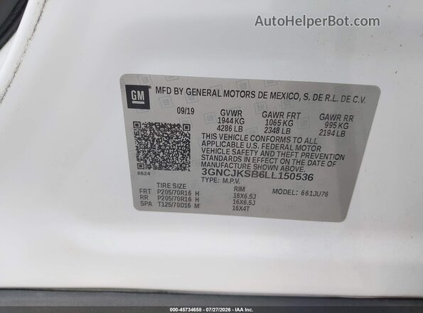 3GNCJKSB6LL150536 2020 CHEVROLET TRAX White ძრავის განყოფილების ხედი