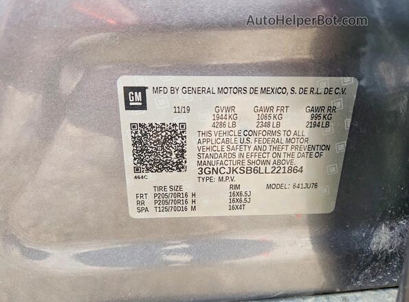 3GNCJKSB6LL221864 2020 CHEVROLET TRAX Gray VIN კოდის სტიკერის ხედი