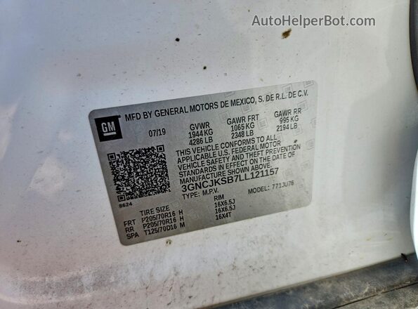 3GNCJKSB7LL121157 2020 CHEVROLET TRAX White Вид наклейки з VIN-кодом