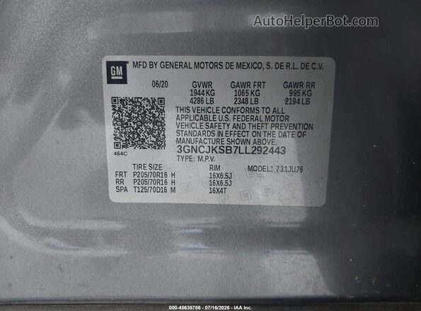 3GNCJKSB7LL292443 2020 CHEVROLET TRAX Gray Widok komory silnika