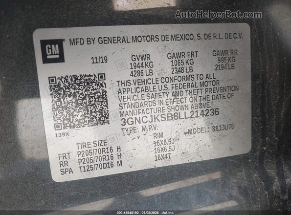 3GNCJKSB8LL214236 2020 CHEVROLET TRAX Серый Вид подкапотного пространства